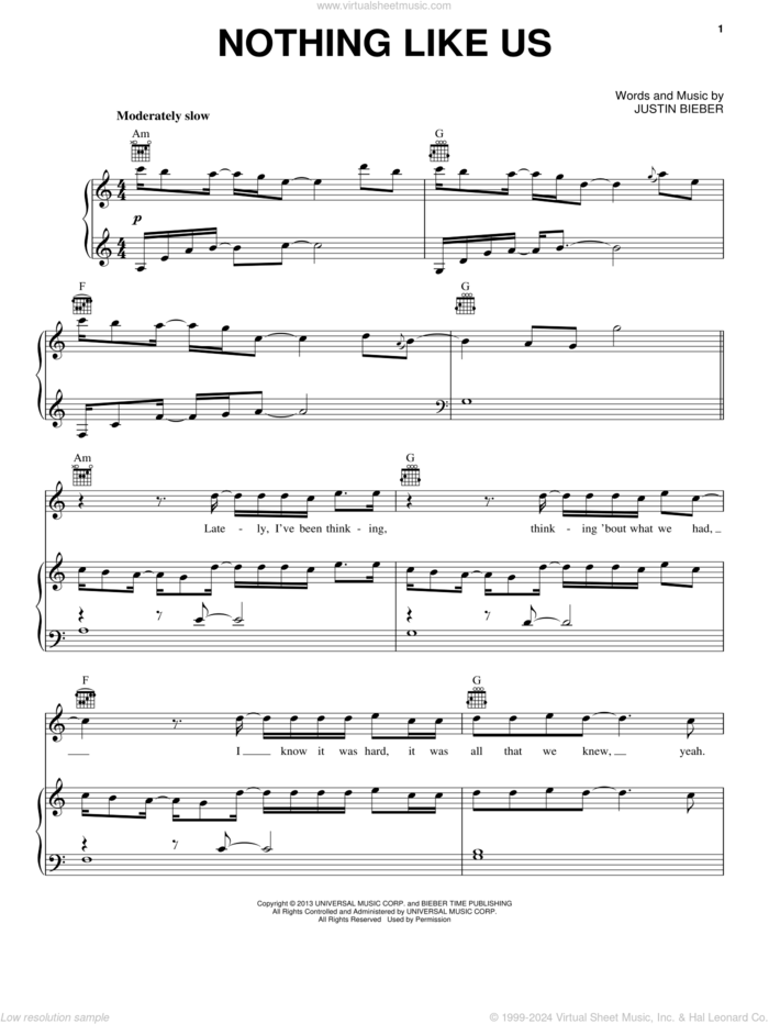 Nothing Like Us sheet music for voice, piano or guitar by Justin Bieber, intermediate skill level