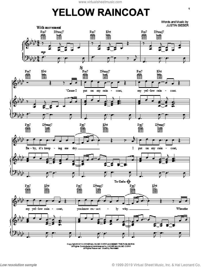 Yellow Raincoat sheet music for voice, piano or guitar by Justin Bieber, intermediate skill level