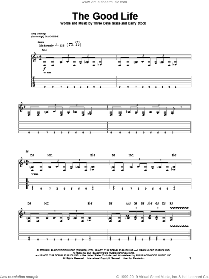 The Good Life sheet music for guitar (tablature, play-along) by Three Days Grace and Barry Stock, intermediate skill level