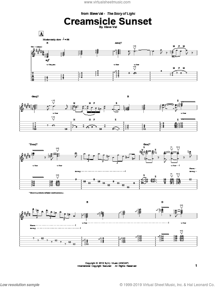 Creamsicle Sunset sheet music for guitar (tablature) by Steve Vai, intermediate skill level