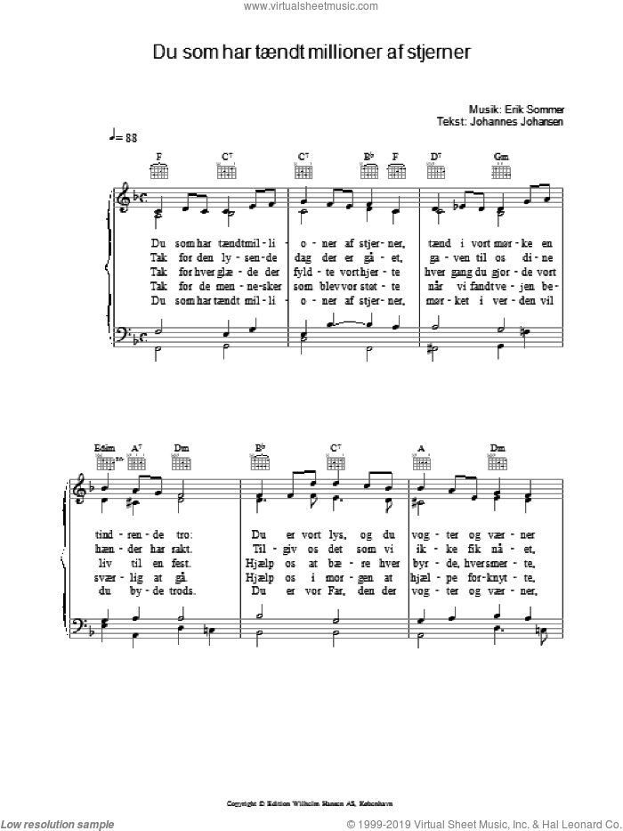 Du Som Har Taendt Millioner Af Stjerner sheet music for voice, piano or guitar by Erik Sommer and Johannes Johansen, intermediate skill level