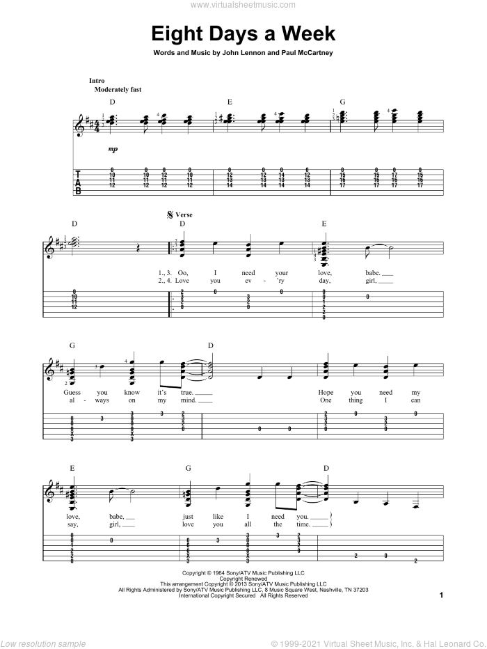 Eight Days A Week sheet music for guitar solo by The Beatles, John Lennon and Paul McCartney, intermediate skill level