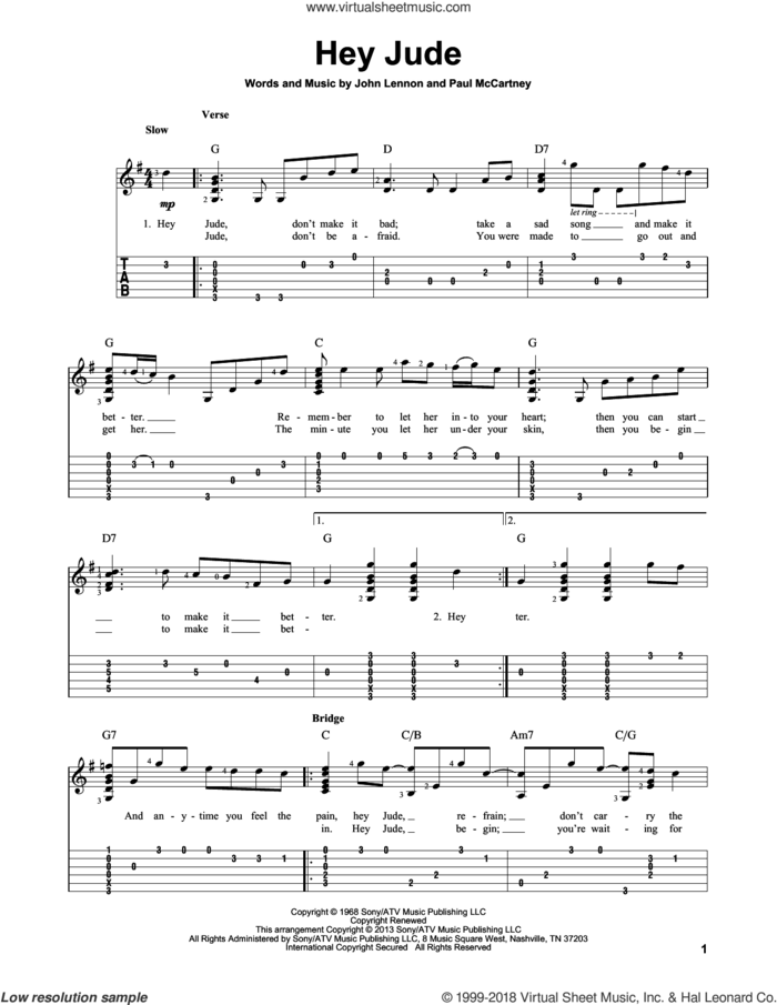 Hey Jude sheet music for guitar solo by The Beatles, intermediate skill level