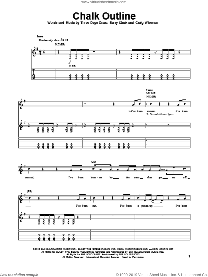 Chalk Outline sheet music for guitar (tablature, play-along) by Three Days Grace, intermediate skill level