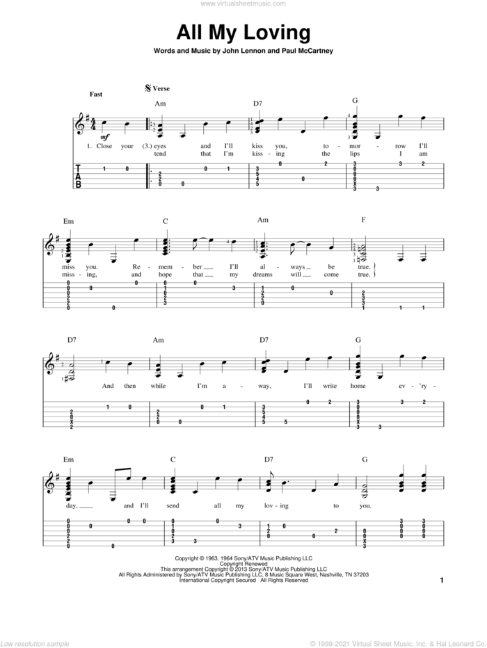 All My Loving, (intermediate) sheet music for guitar solo by The Beatles, John Lennon and Paul McCartney, intermediate skill level