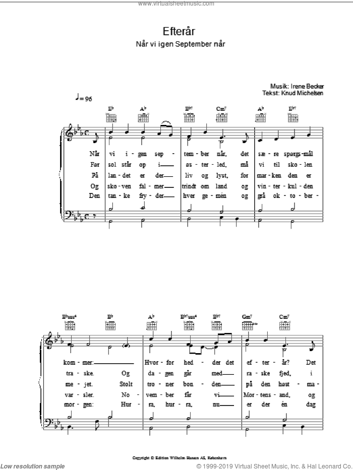 Efterar sheet music for voice, piano or guitar by Irene Becker and Knud Michelsen, intermediate skill level