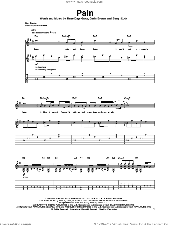 Pain sheet music for guitar (tablature, play-along) by Three Days Grace, intermediate skill level