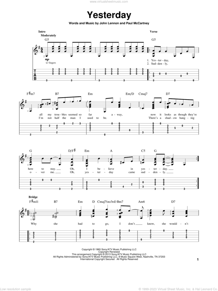 Yesterday sheet music for guitar solo by The Beatles and Paul McCartney, intermediate skill level