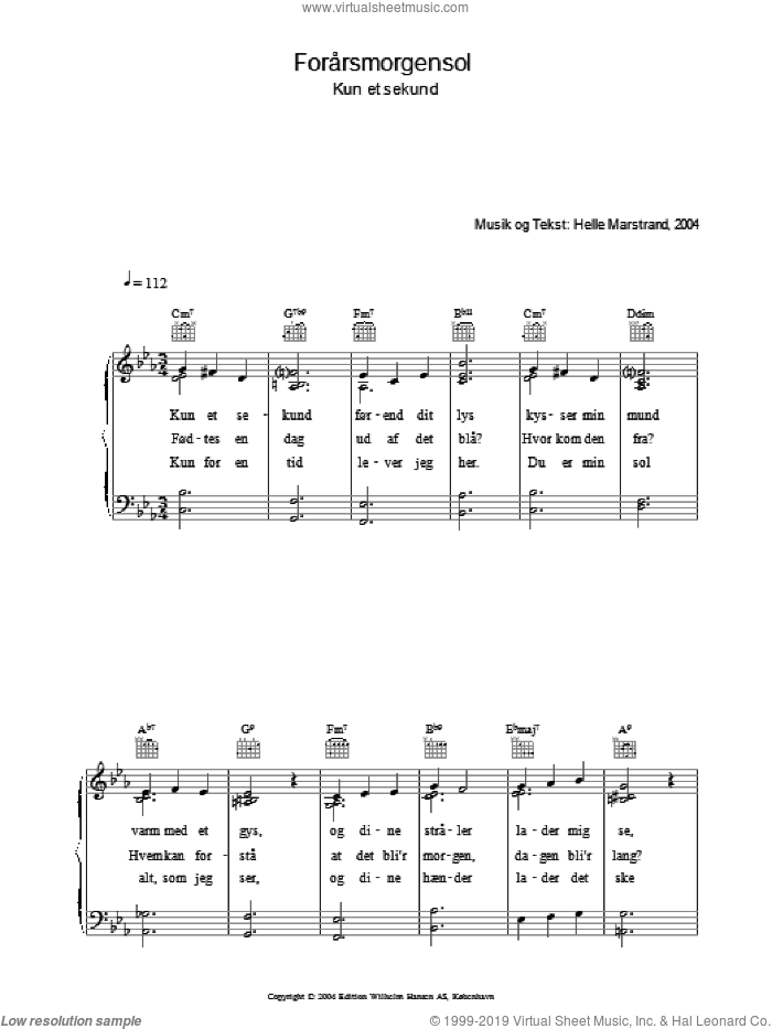 Forarsmorgensol sheet music for voice, piano or guitar by Helle Marstrand, intermediate skill level