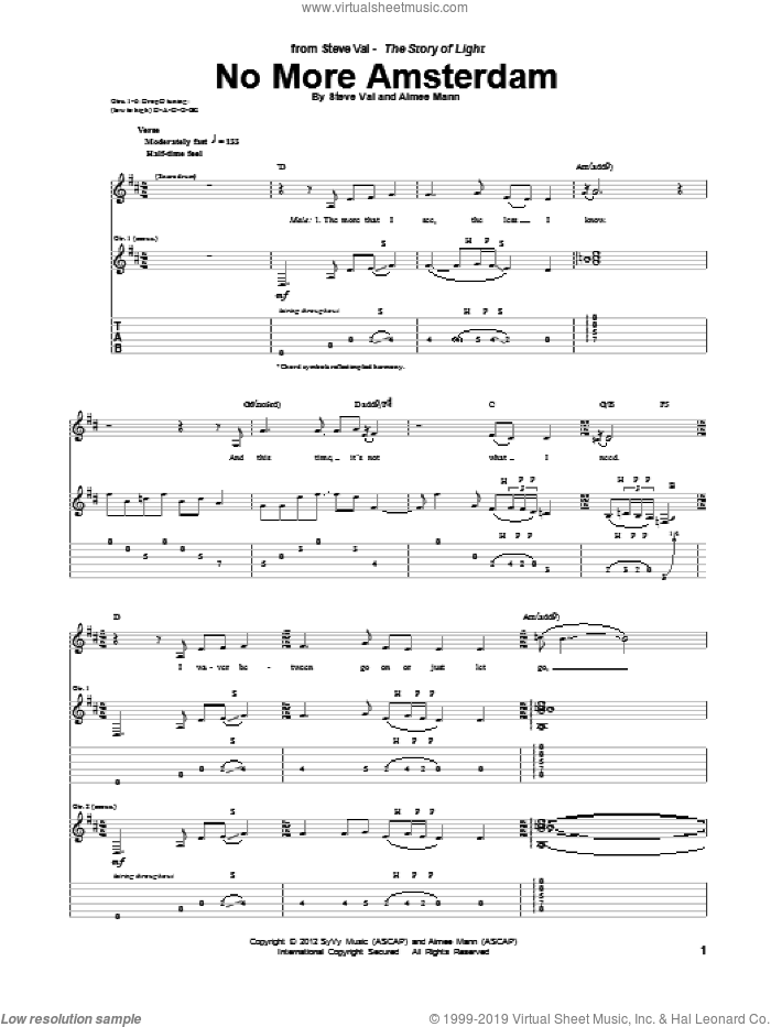 No More Amsterdam sheet music for guitar (tablature) by Steve Vai, intermediate skill level