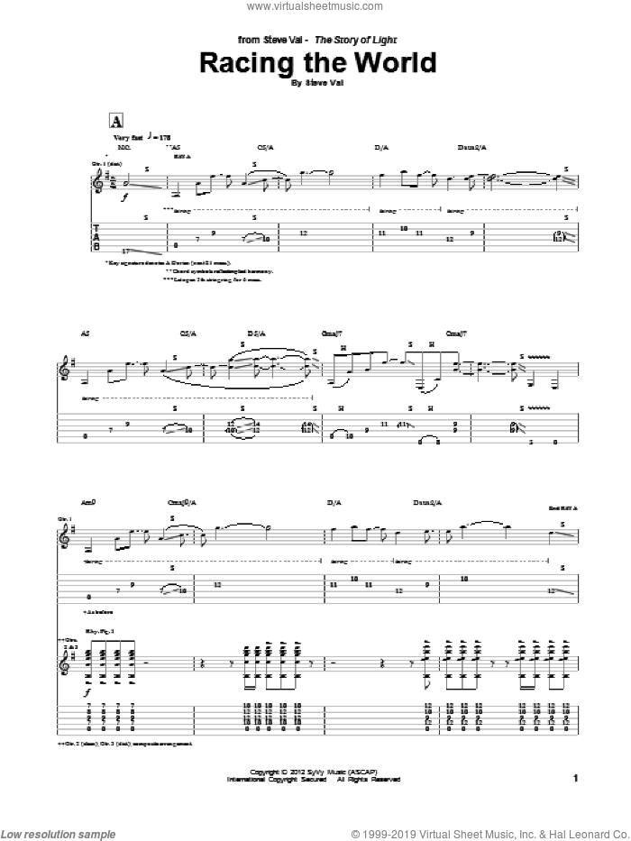 Racing The World sheet music for guitar (tablature) by Steve Vai, intermediate skill level