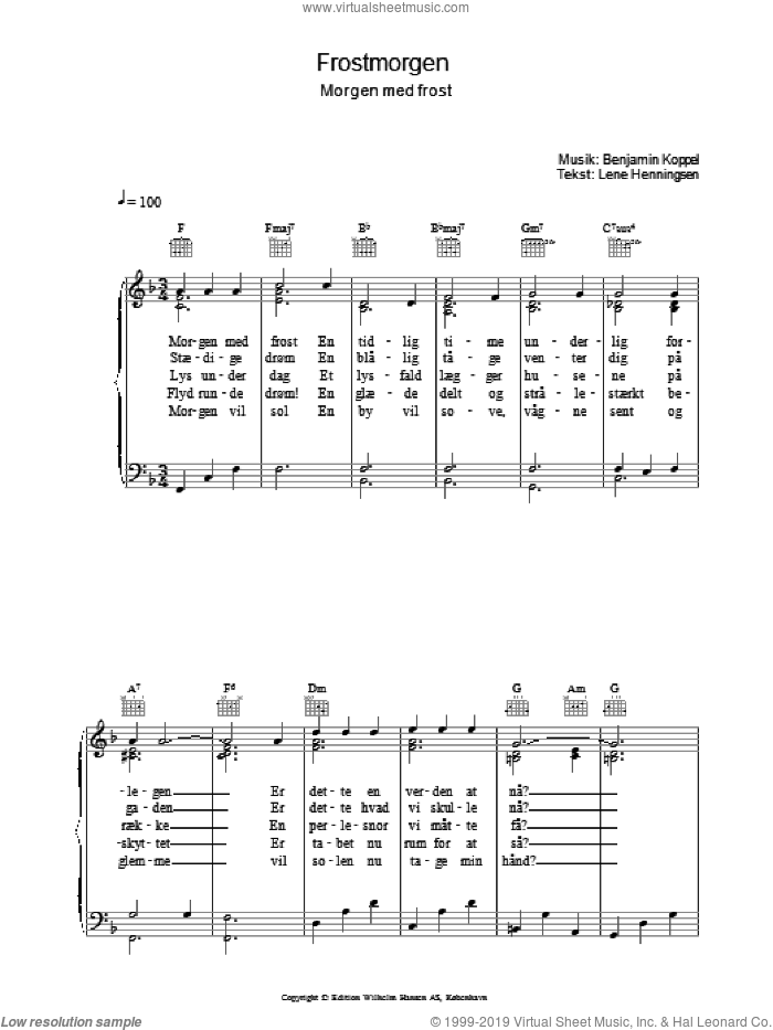 Frostmorgen sheet music for voice, piano or guitar by Benjamin Koppel and Lene Henningsen, intermediate skill level