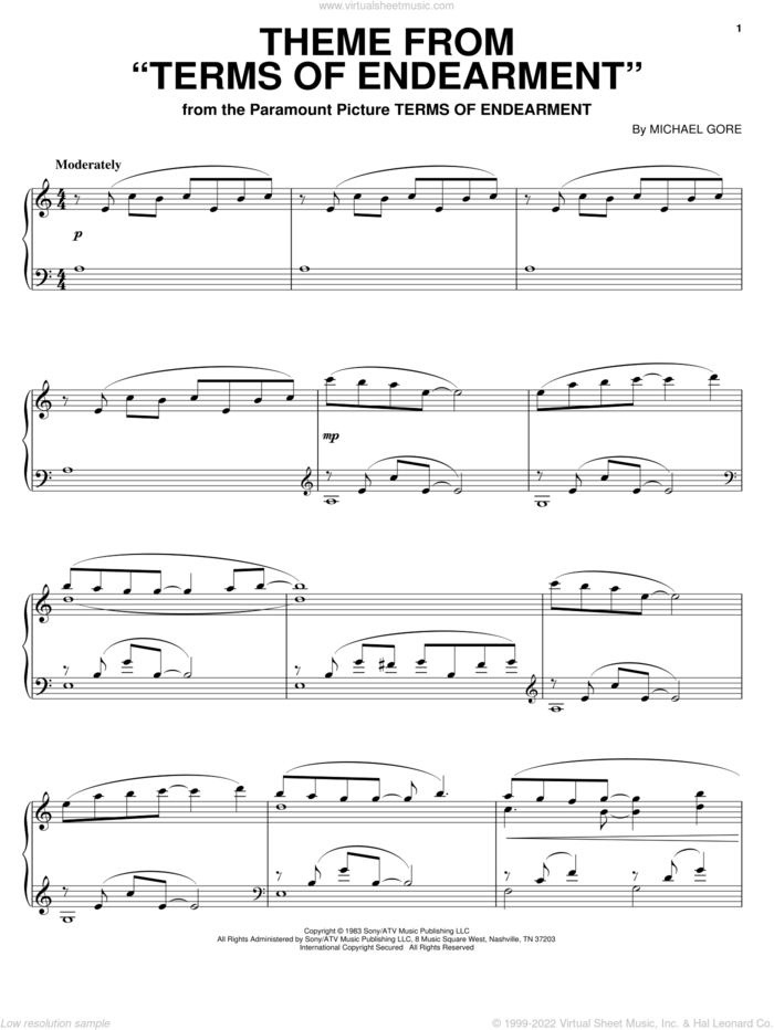 Theme from Terms Of Endearment sheet music for piano solo by Michael Gore, intermediate skill level