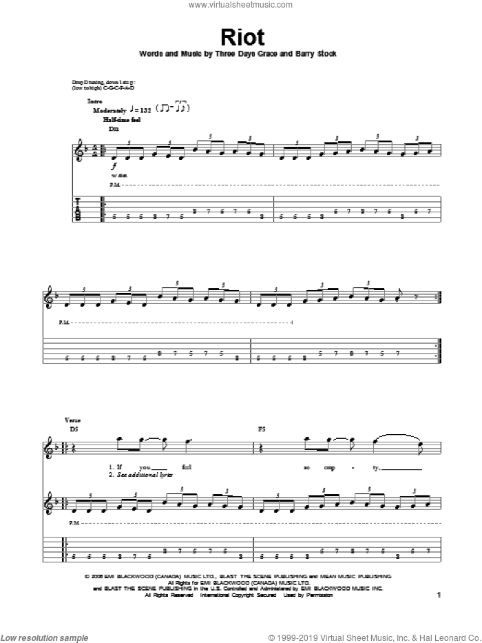 Riot sheet music for guitar (tablature, play-along) by Three Days Grace, intermediate skill level