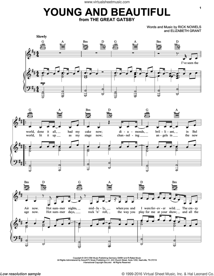 Young And Beautiful sheet music for voice, piano or guitar by Lana Del Ray and Lana Del Rey, intermediate skill level