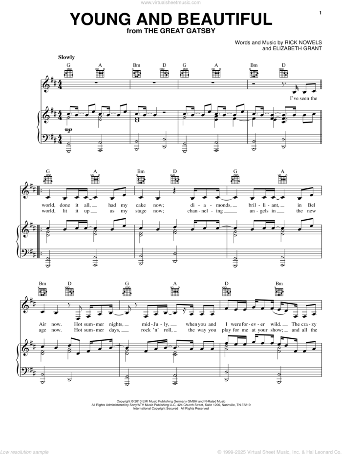 Young And Beautiful sheet music for voice, piano or guitar by Lana Del Ray and Lana Del Rey, intermediate skill level