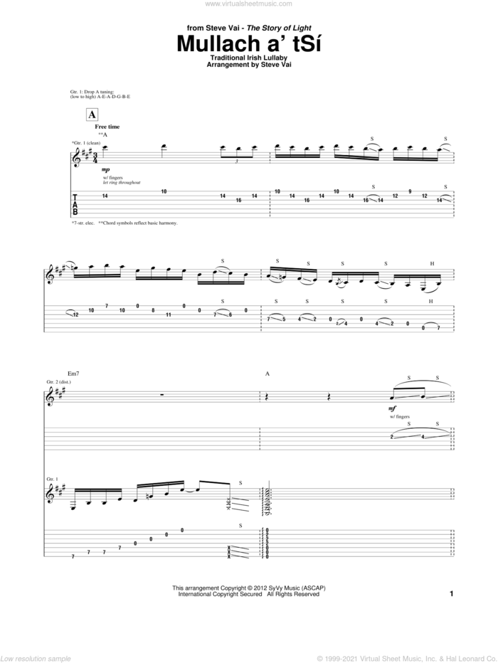 Mullach a'tSi sheet music for guitar (tablature) by Steve Vai, intermediate skill level