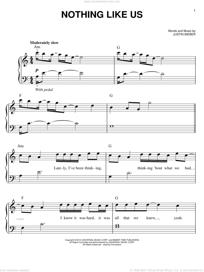 Nothing Like Us sheet music for piano solo by Justin Bieber, easy skill level