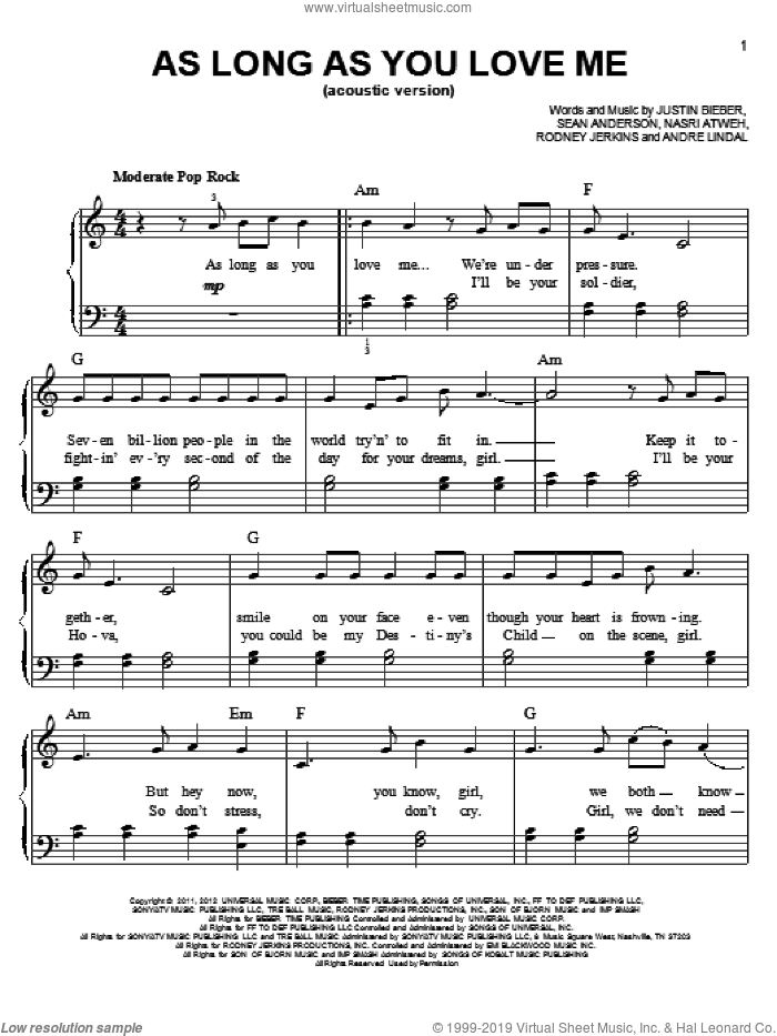 As Long As You Love Me sheet music for piano solo by Justin Bieber, easy skill level