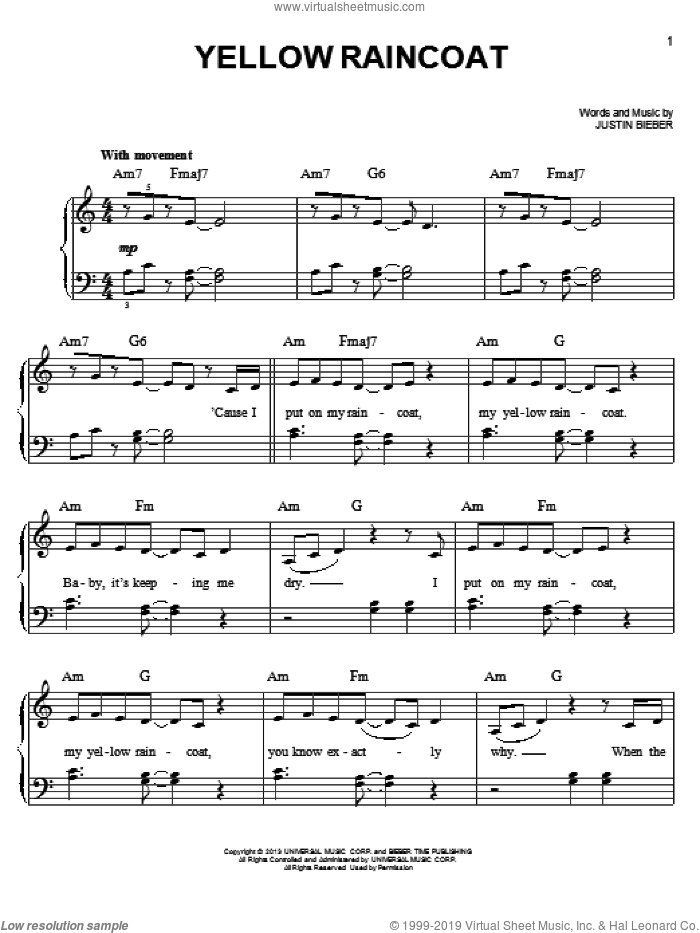 Yellow Raincoat sheet music for piano solo by Justin Bieber, easy skill level