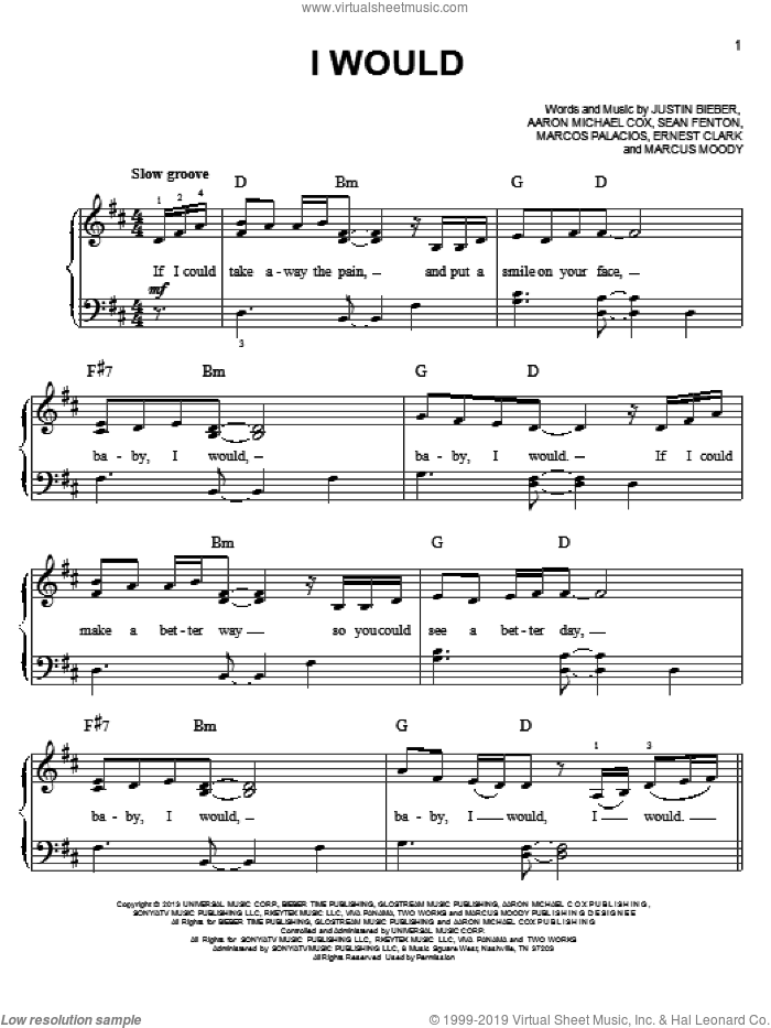 I Would sheet music for piano solo by Justin Bieber, easy skill level