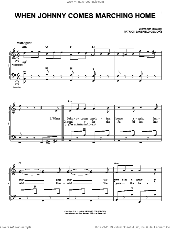 When Johnny Comes Marching Home sheet music for accordion by Gary Meisner and Patrick Sarsfield Gilmore, intermediate skill level