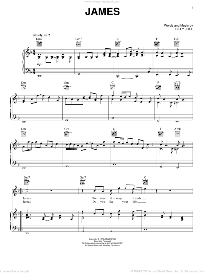James sheet music for voice, piano or guitar by Billy Joel, intermediate skill level