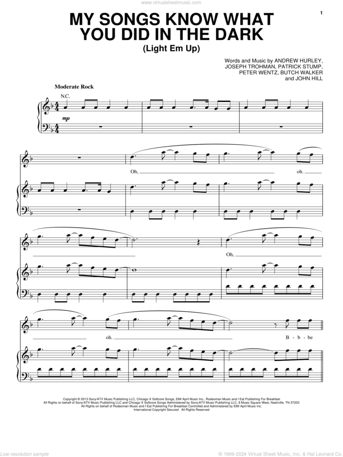 My Songs Know What You Did In The Dark (Light Em Up) sheet music for voice, piano or guitar by Fall Out Boy, intermediate skill level