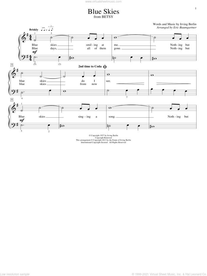 Blue Skies sheet music for piano solo (elementary) by Irving Berlin, Eric Baumgartner and Willie Nelson, beginner piano (elementary)