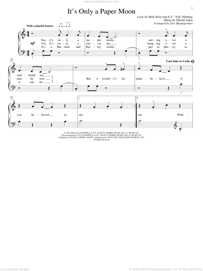 It's Only A Paper Moon sheet music for piano solo (elementary) by Harold Arlen, Billy Rose, E.Y. Harburg and Eric Baumgartner, beginner piano (elementary)