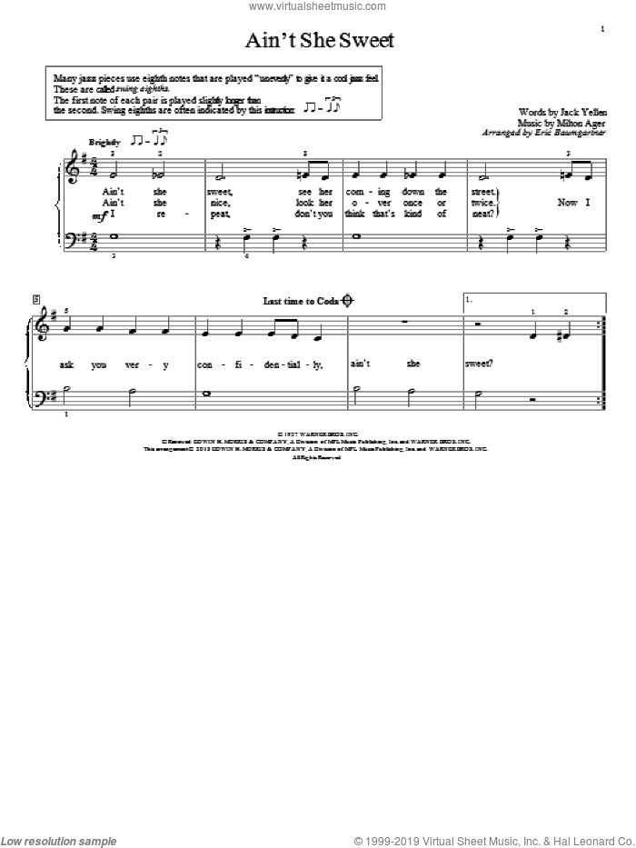 Ain't She Sweet sheet music for piano solo (elementary) by The Beatles and Eric Baumgartner, beginner piano (elementary)