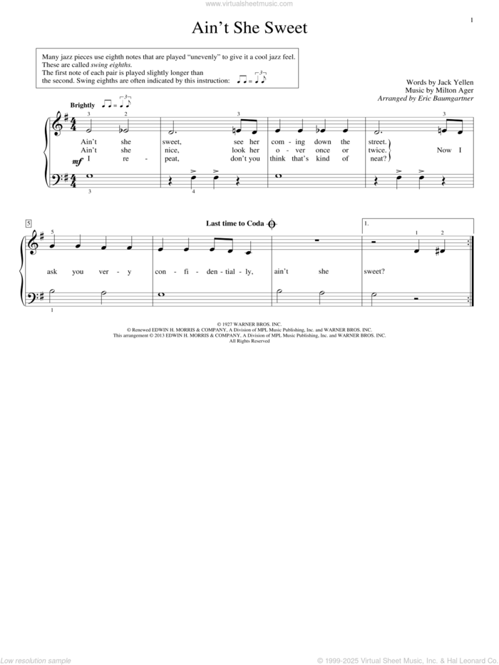 Ain't She Sweet sheet music for piano solo (elementary) by The Beatles and Eric Baumgartner, beginner piano (elementary)