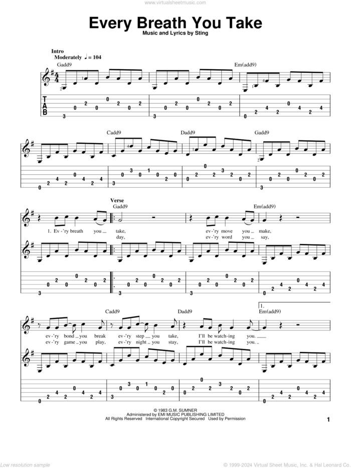 Every Breath You Take sheet music for guitar solo by The Police and Sting, intermediate skill level
