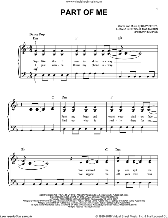 Part Of Me sheet music for piano solo by Katy Perry, easy skill level