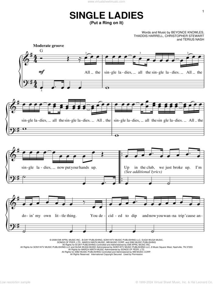 Single Ladies (Put A Ring On It) sheet music for piano solo by Beyonce, easy skill level