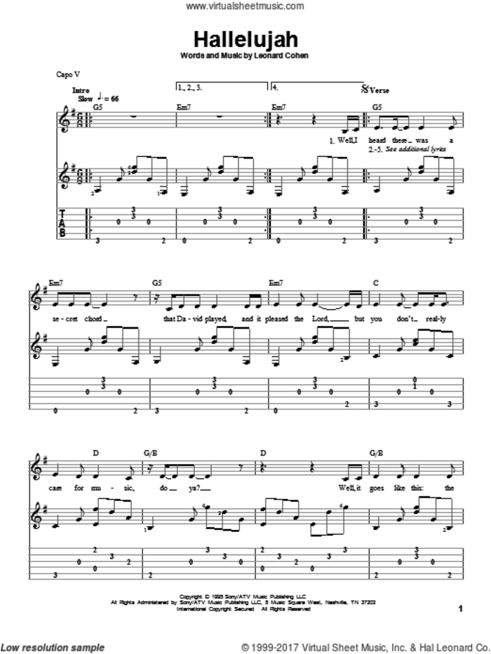 Hallelujah sheet music for guitar solo by Leonard Cohen, intermediate skill level