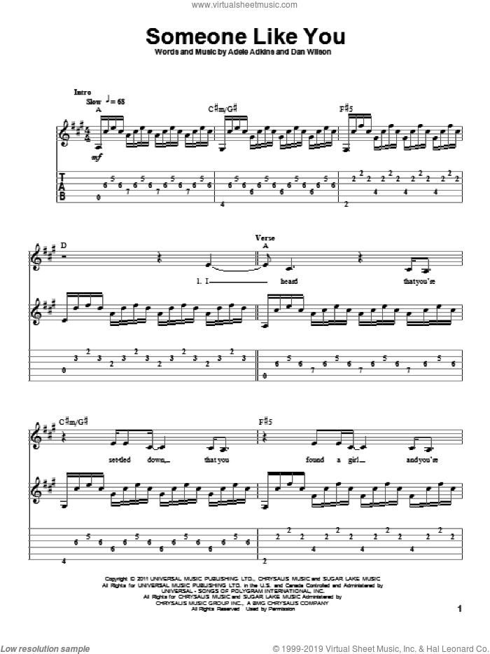 Someone Like You, (intermediate) sheet music for guitar solo by Adele and Adele Adkins, intermediate skill level