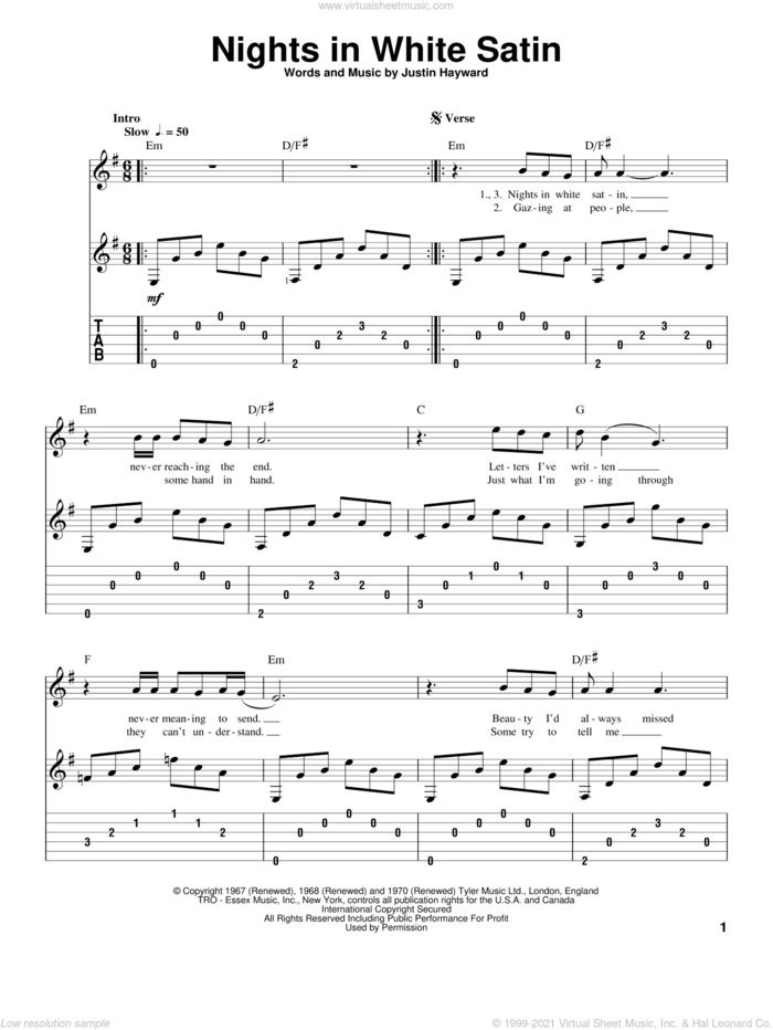 Nights In White Satin sheet music for guitar solo by The Moody Blues, intermediate skill level