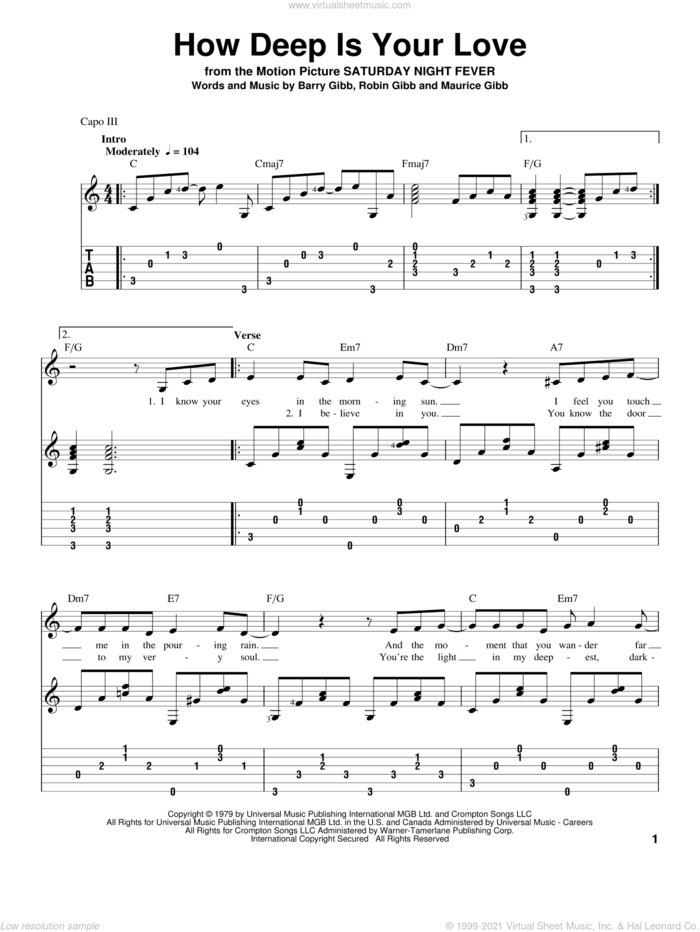 How Deep Is Your Love sheet music for guitar solo by Bee Gees, intermediate skill level