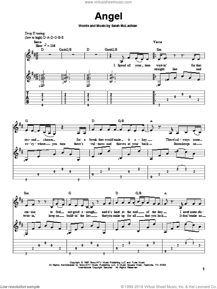 Angel sheet music for guitar solo by Sarah McLachlan, intermediate skill level
