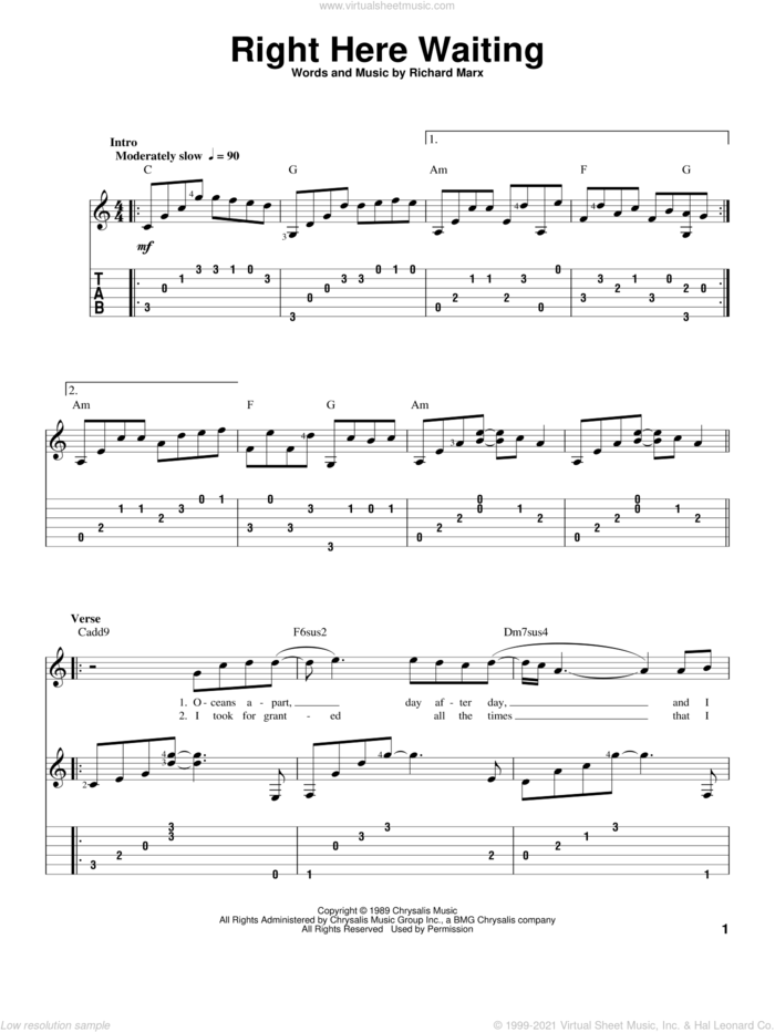 Right Here Waiting sheet music for guitar solo by Richard Marx, intermediate skill level