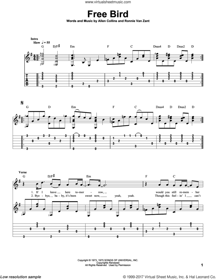 Free Bird, (intermediate) sheet music for guitar solo by Lynyrd Skynyrd, intermediate skill level