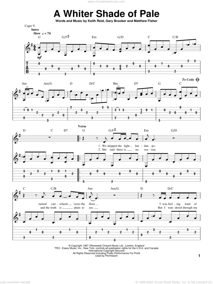 A Whiter Shade Of Pale sheet music for guitar solo by Procol Harum, wedding score, intermediate skill level