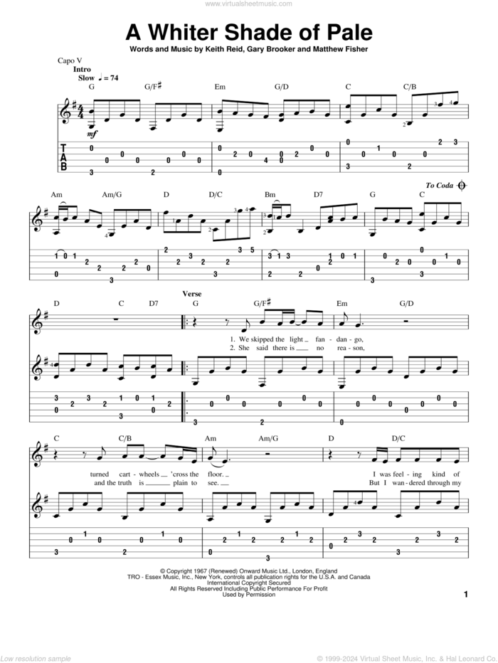 A Whiter Shade Of Pale sheet music for guitar solo by Procol Harum, wedding score, intermediate skill level