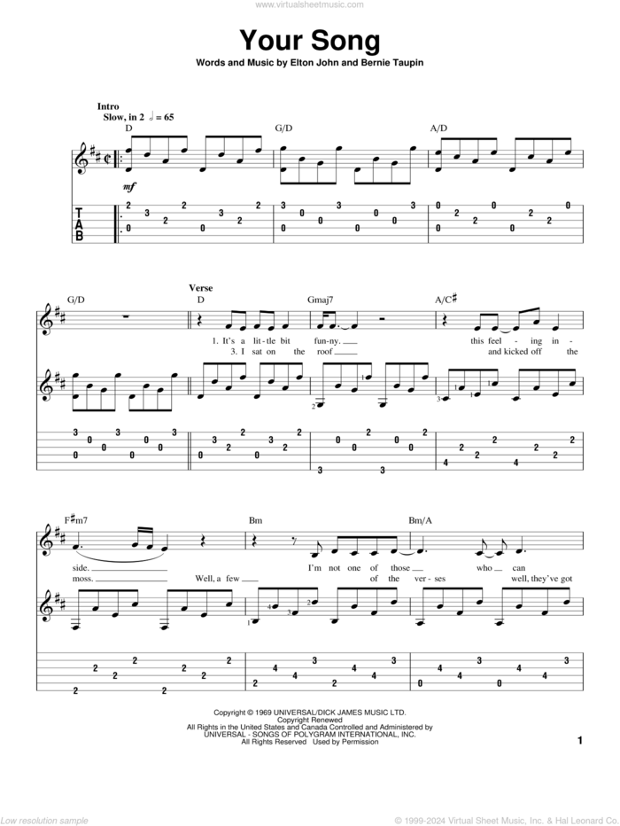 Your Song, (intermediate) sheet music for guitar solo by Elton John and Rod Stewart, intermediate skill level