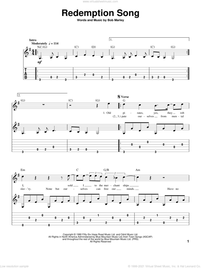 Redemption Song, (intermediate) sheet music for guitar solo by Bob Marley, intermediate skill level