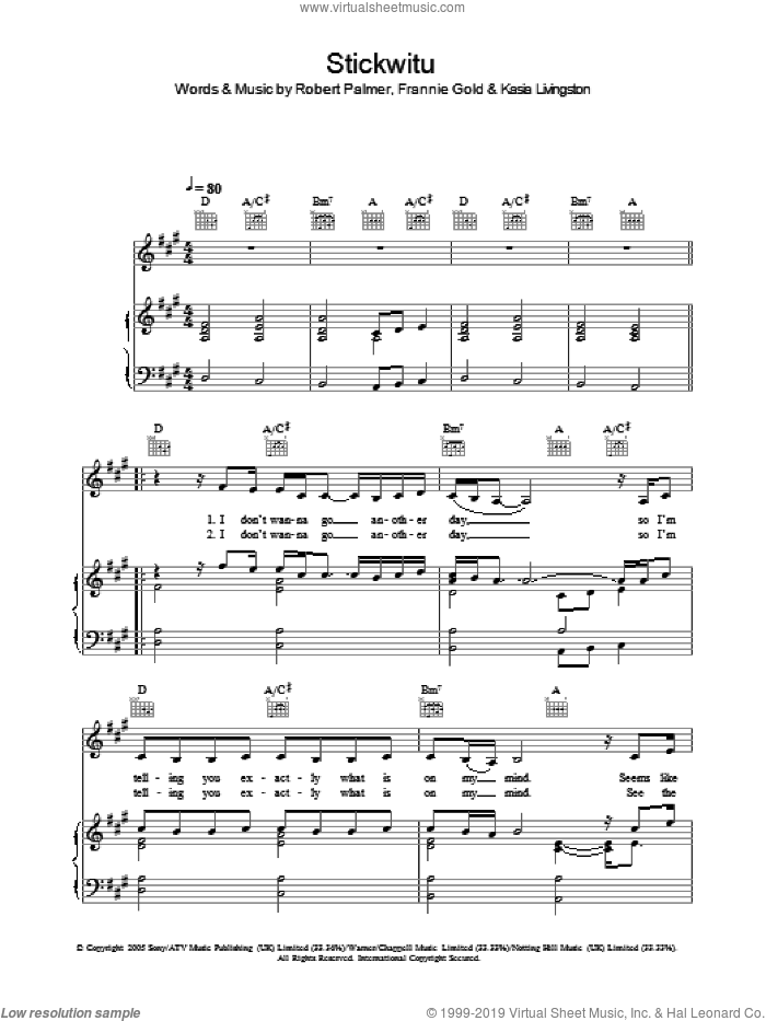 Stickwitu sheet music for voice, piano or guitar by Robert Palmer, The Pussycat Dolls, Frannie Gold and Kasia Livingston, intermediate skill level