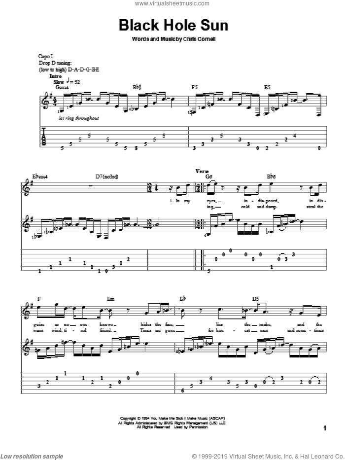 Black Hole Sun sheet music for guitar solo by Soundgarden and Chris Cornell, intermediate skill level