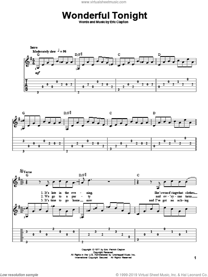 Wonderful Tonight sheet music for guitar solo by Eric Clapton, wedding score, intermediate skill level