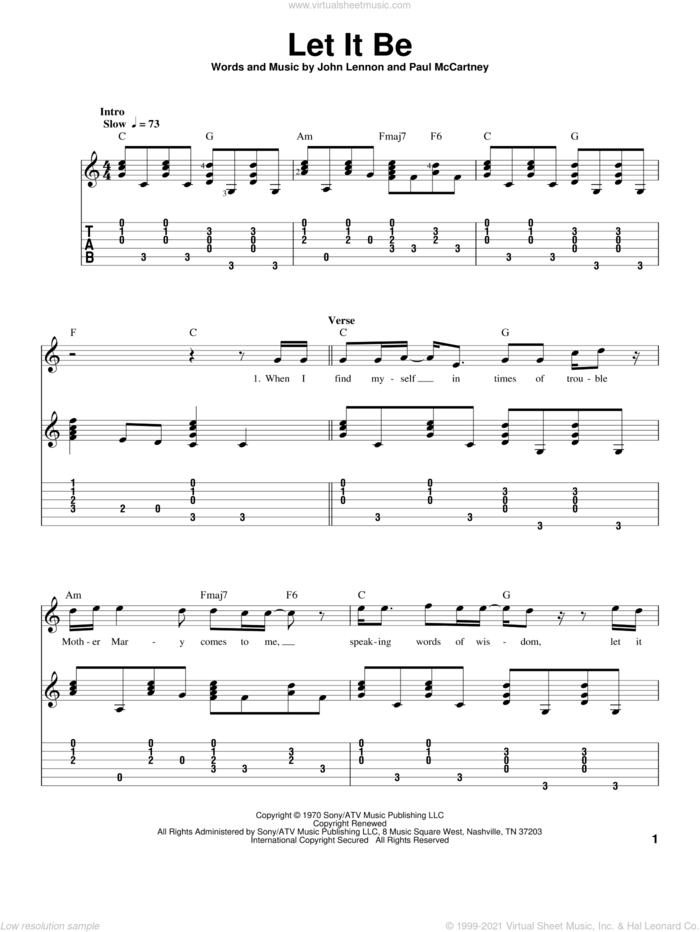 Let It Be, (intermediate) sheet music for guitar solo by The Beatles, intermediate skill level